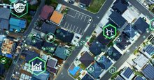 City from above with digital elements of climate actions for net zero cities