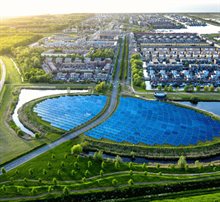 Sustainable city with solar panels