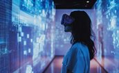Vrouw met VR-bril in een digitale omgeving